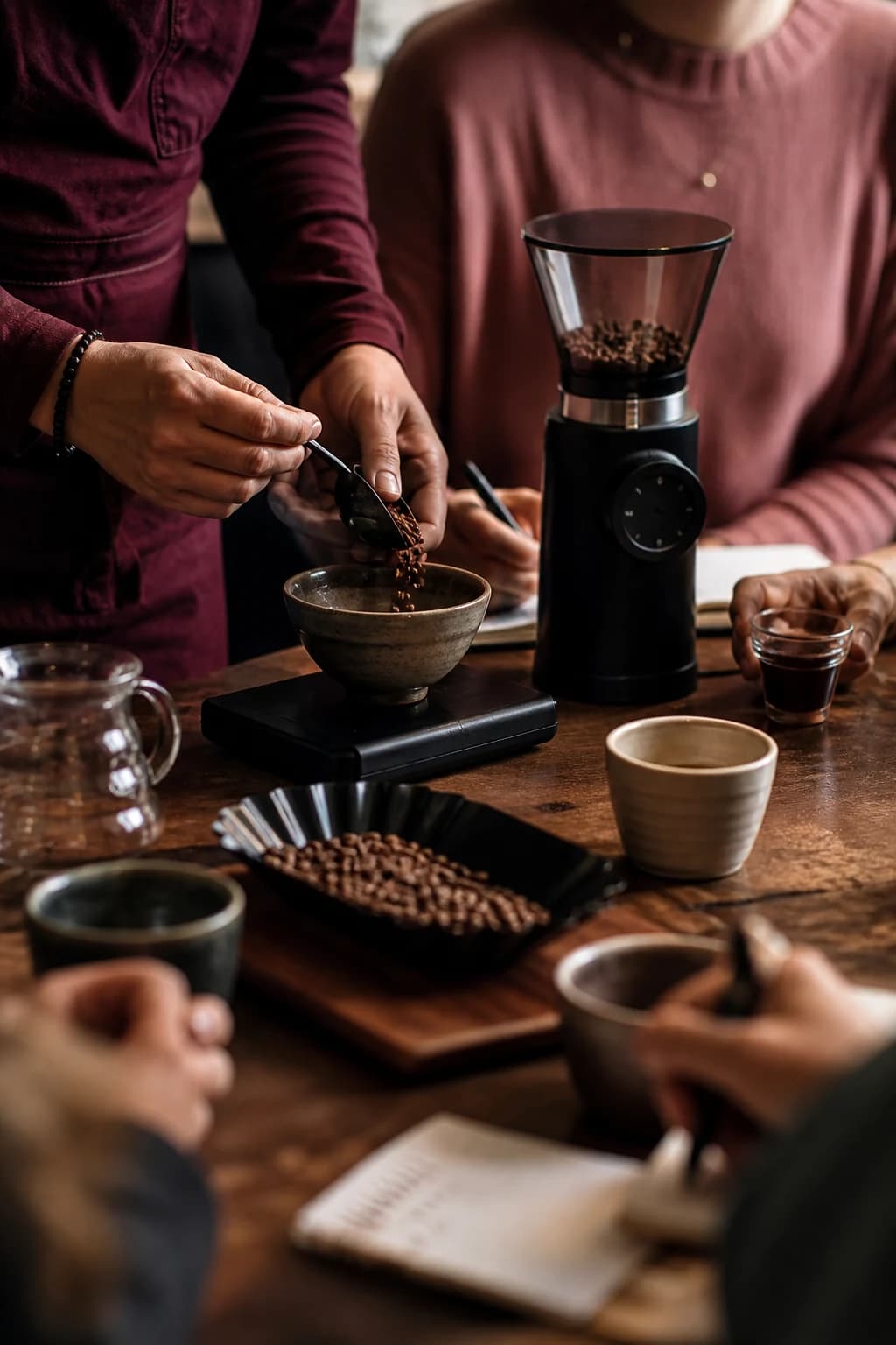 Profesionales evaluando café colombiano y compartiendo información sobre su origen